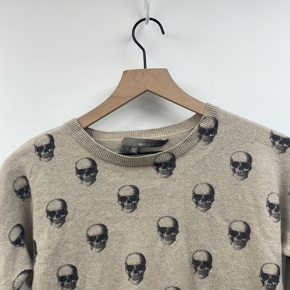 360 Cashmere Skull Graphic Intarsia Crewneck Long Sleeve Knit Sweater Tan Small - Picture 3 of 10